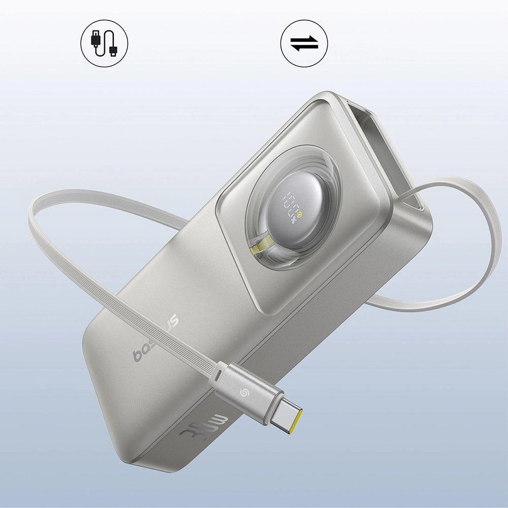 Baseus - Power Bank Free2Pull (P10073701843-00) - with Retractable USB-C Cable, Type-C, Display, 10000mAh, 30W, 0.7m - Grey