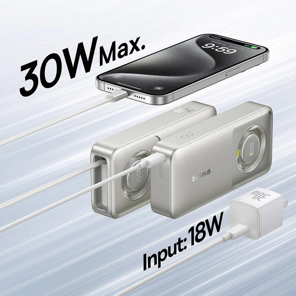 Baseus - Power Bank Free2Pull (P10073701843-00) - with Retractable USB-C Cable, Type-C, Display, 10000mAh, 30W, 0.7m - Grey