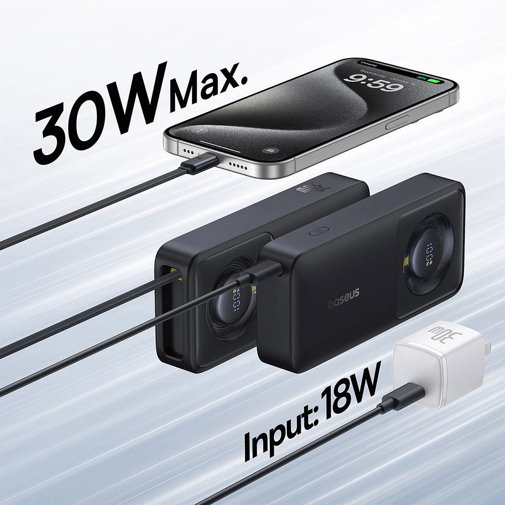 Baseus - Power Bank Free2Pull (P10073701123-00) - with Retractable USB-C Cable, Type-C, Display, 10000mAh, 30W, 0.7m - Black