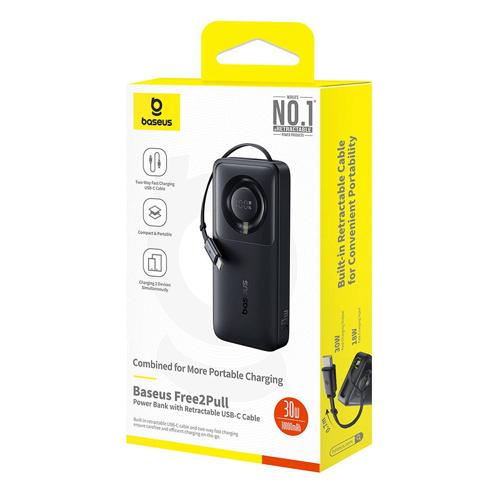 Baseus - Power Bank Free2Pull (P10073701123-00) - with Retractable USB-C Cable, Type-C, Display, 10000mAh, 30W, 0.7m - Black