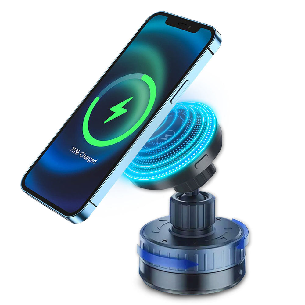 Techsuit - Premium Car Holder with Wireless Charging (HOLD253) - MagSafe N52 Magnets, Powerful Suction Cup, Dashboard - Black