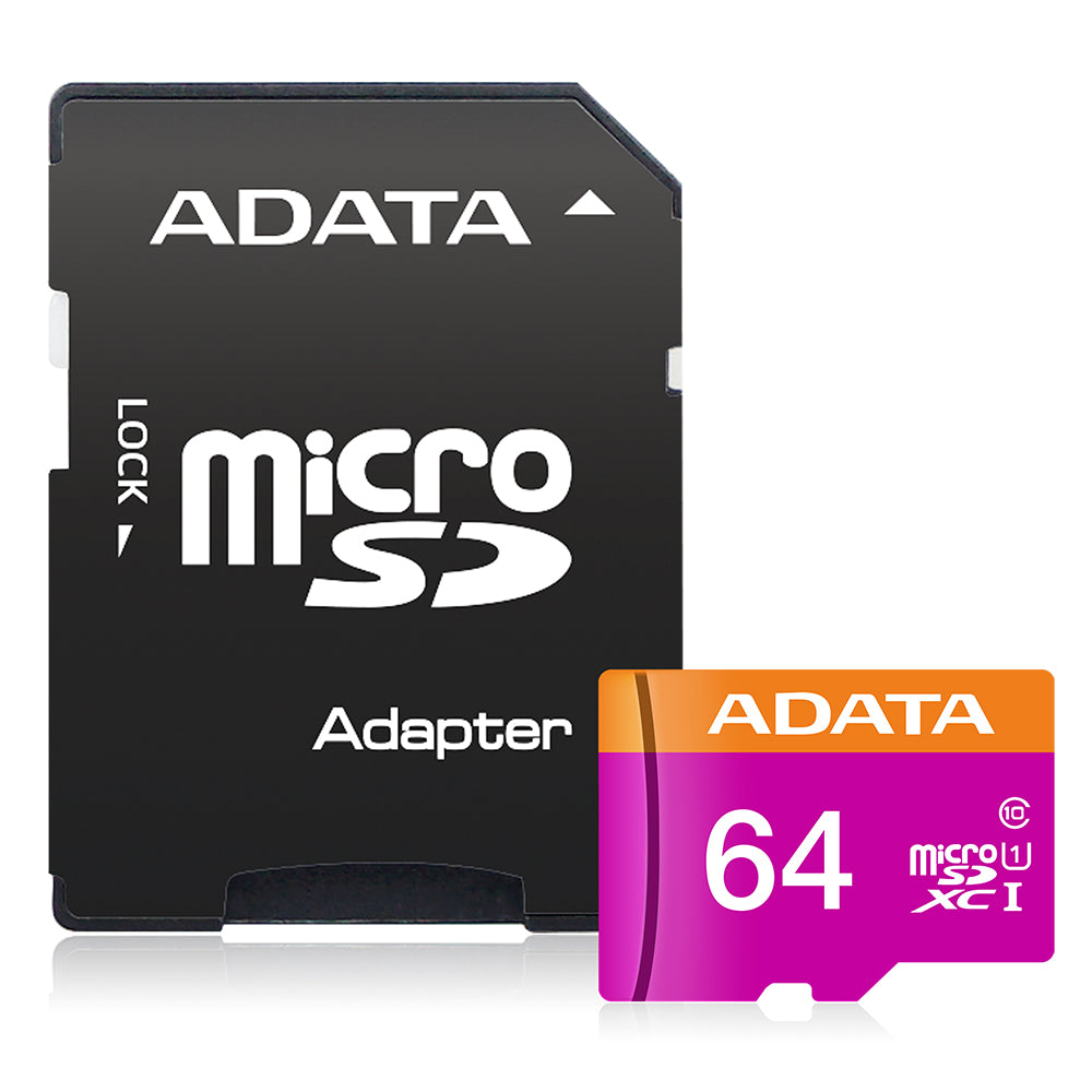 Adata - Memory Card (AUSDX64GUICL10-RA1) - MicroSDXC with Adapter, Class 10, UHS-I U1, 64GB, Read 100MB/s - Black