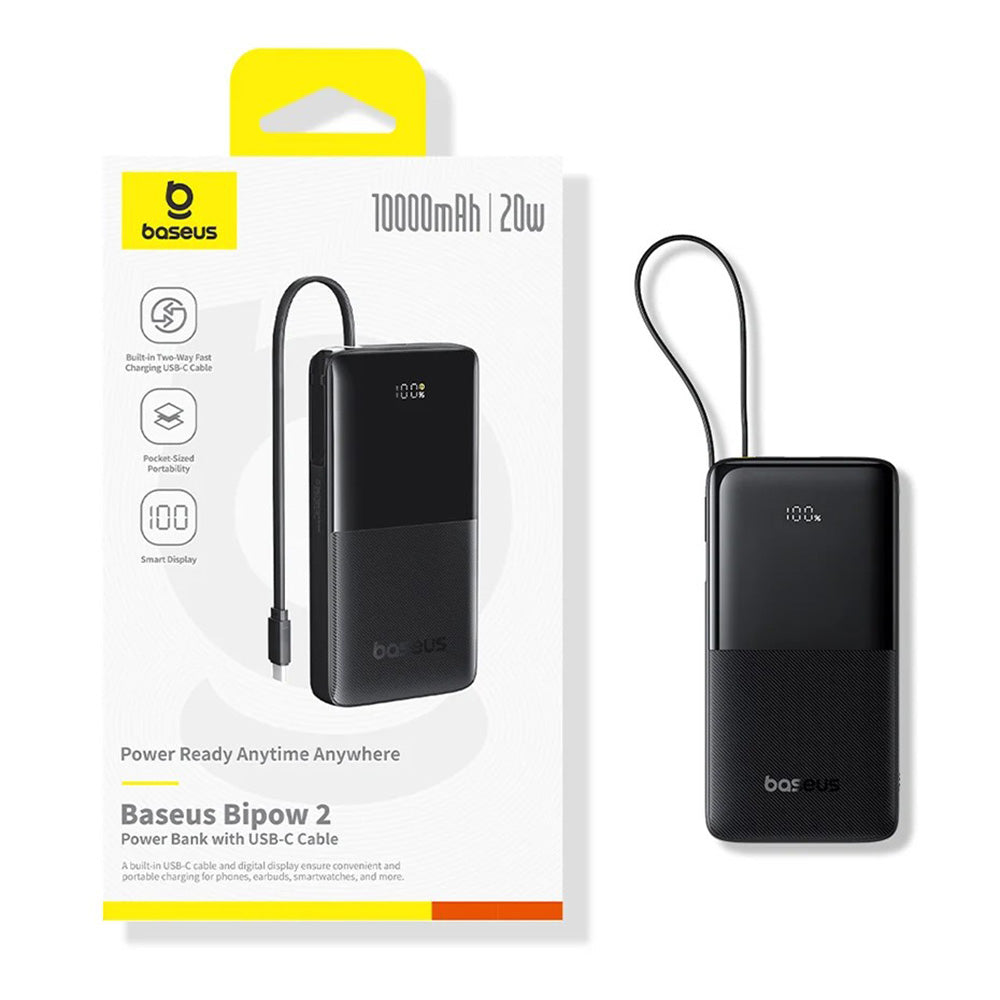 Baseus - Power Bank Bipow 2 (P10077101113-00) - with Built-in USB-C Cable, Type-C, USB, Smart Display, 10000mAh, 20W - Black