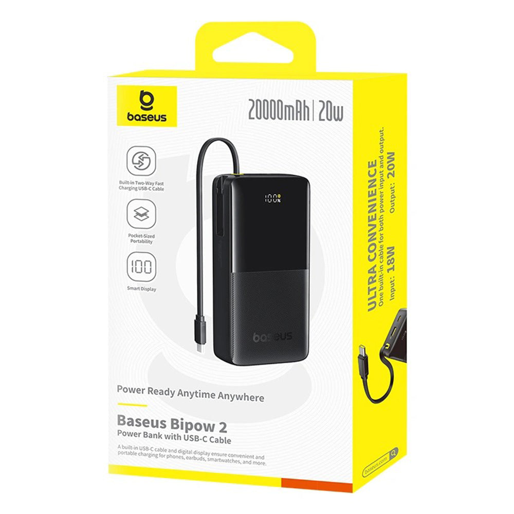 Baseus - Power Bank Bipow 2 (P10077101113-01) - with Built-in USB-C Cable, Type-C, USB, Smart Display, 20000mAh, 20W - Black