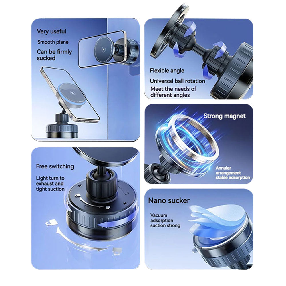 Techsuit - Premium Car Holder with Wireless Charging (HOLD253) - MagSafe N52 Magnets, Powerful Suction Cup, Dashboard - Black