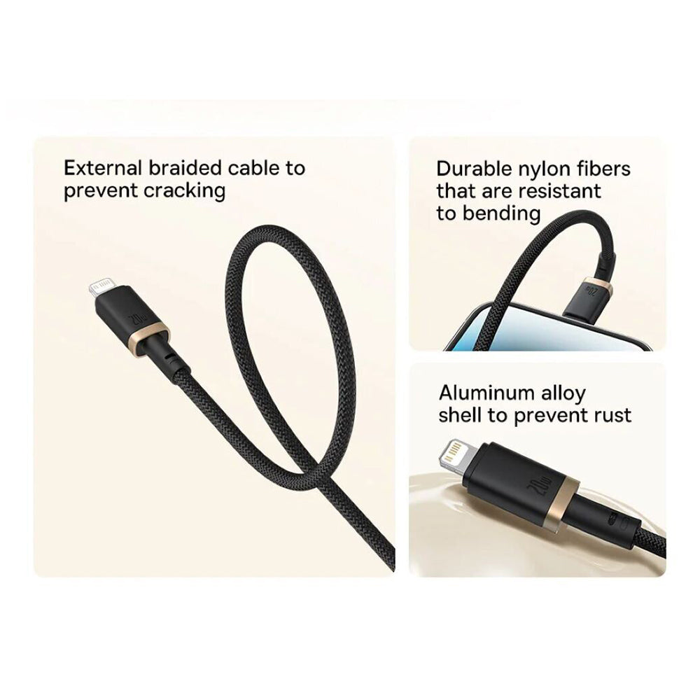 Baseus - Data Cable Dura Series (P10377800U01-02) - Type-C to Lightning, Fast Charging, PD 20W, Nylon, 2m - Gold / Black