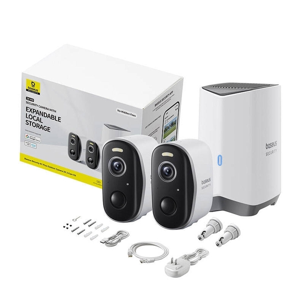 Baseus - Outdoor Camera Security N1 Plus (S0TY002131) - 2K, 16GB, 2 Camera Kit, Two-way Talk, Night Vision, IP67 - Moon White