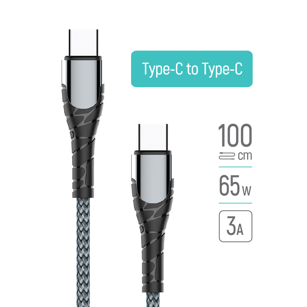 ColorWay - Data Cable (CW-CBPDCC040-GR) - Type-C to Type-C, PD Fast Charging 65W, 3A, Nylon, 1m - Gray