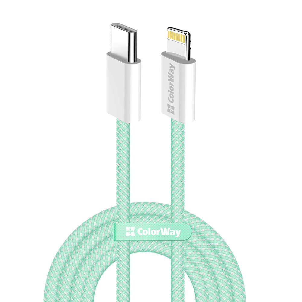 ColorWay - Data Cable (CW-CBPDCL061-G) - Type-C to Apple Lightning, PD 27W, 3A, 480Mbps, Nylon, 1m - Green