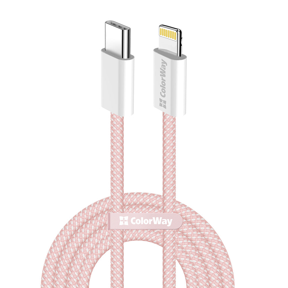 ColorWay - Data Cable (CW-CBPDCL061-P) - Type-C to Apple Lightning, PD 27W, 3A, 480Mbps, Nylon, 1m - Pink