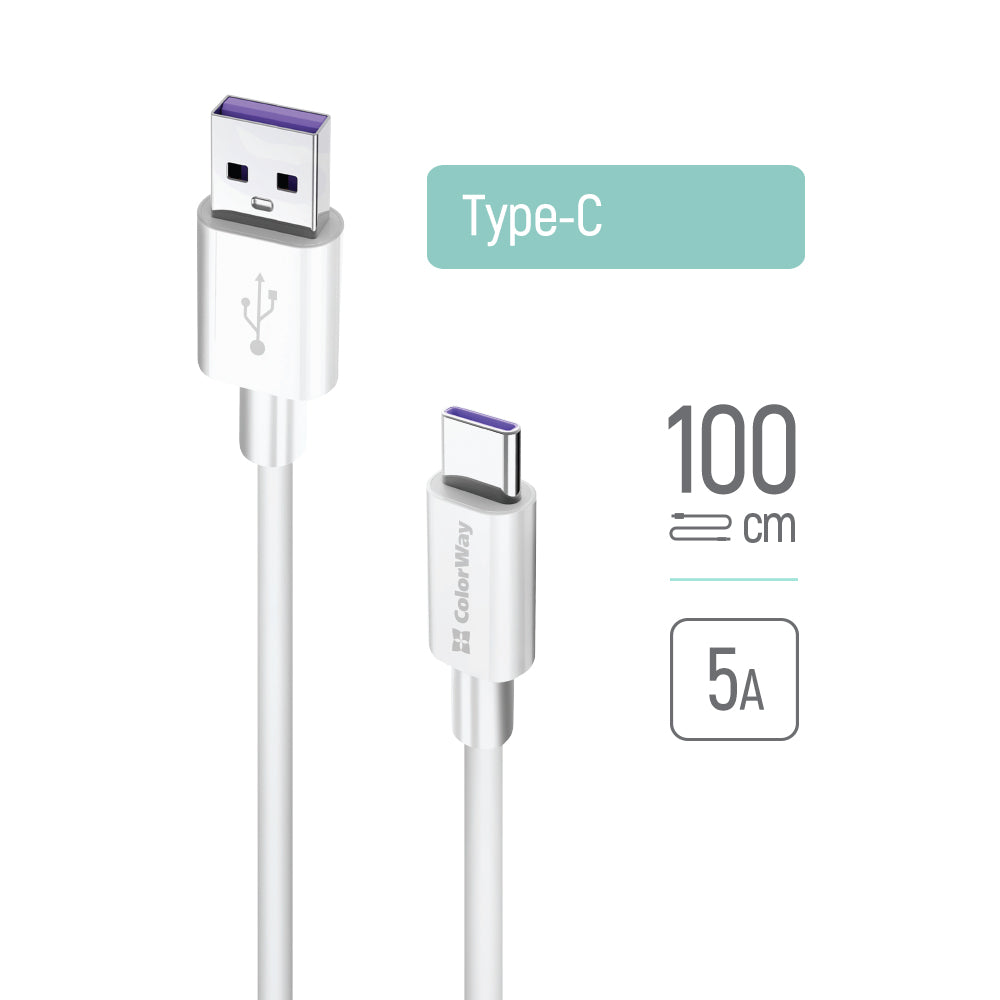 ColorWay - Data Cable (CW-CBUC019-WH) - USB to Type-C, 5A, 480Mbps, Flexible TPE, 1m - White