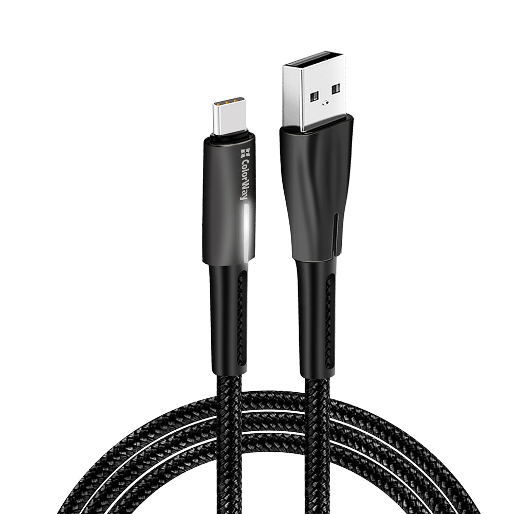 ColorWay - Data Cable (CW-CBUC035-BK) - USB to Type-C, Quick Charge 3.0, with LED indicator, Nylon, 2.4A, 480Mbps, 1m - Black