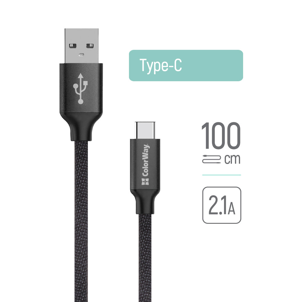 ColorWay - Data Cable (CW-CBUC003-BK) - USB 2.0 to Type-C, for Syncing & Charging, Nylon, 2.1A, 480Mbps, 1m - Black