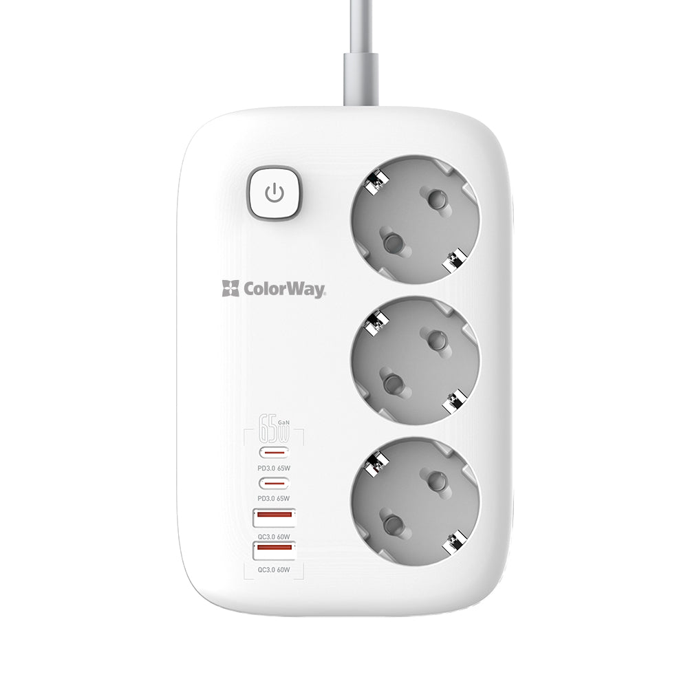 ColorWay - Extension Cord (CW-CHE34PDW) - 3xEU AC 220V, 2xUSB QC3.0, 2xType-C PD, Fast Charge, 65W, 13A, GaN3 Pro, 2m - White
