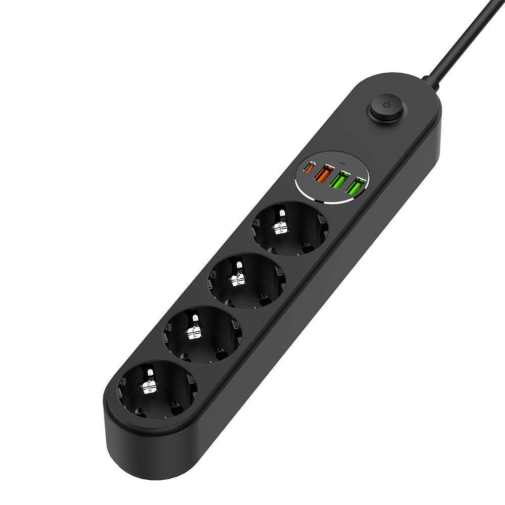 ColorWay - Extension Cord (CW-CHE44PDB) - 4x EU AC 220V, 3xUSB, Type-C PD20W, Quick Charge, Button, LED, 45W, 2m - Black