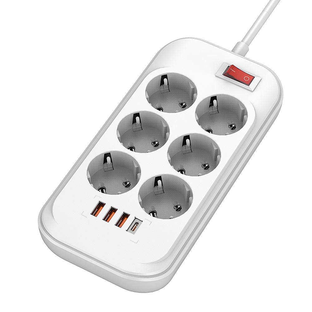 ColorWay - Extension Cord (CW-CHE64PDW) - 6x EU 220V, 3xUSB QC3.0, Type-C PD, 36W, Power Button, LED, Wall Mount, 2m - White