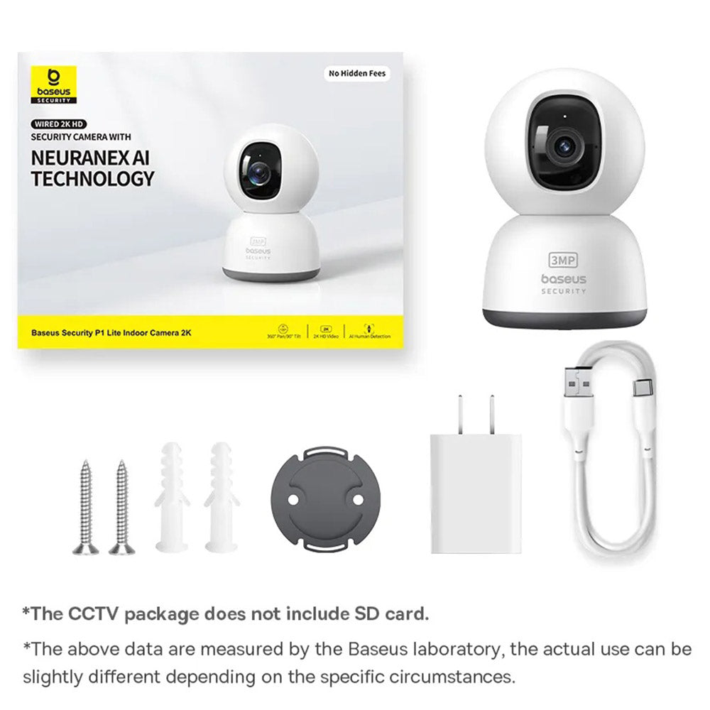 Baseus - Indoor Camera Security P1 Lite (S0TV002132) - 2K, 3MP, Type-C, Two-way Talk, Night Vision, Digital Zoom - White