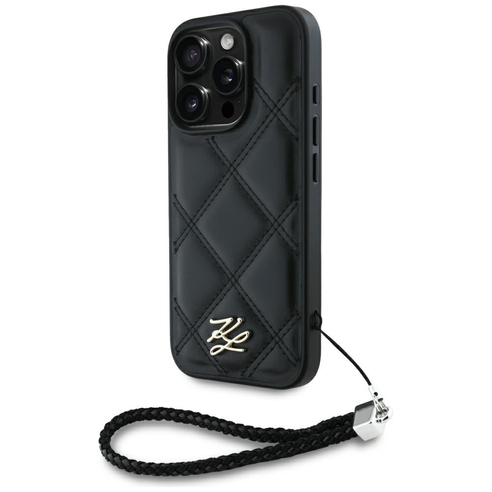 Karl Lagerfeld - Quilted Initial Logo & Chain Strap (KLHCP16LPSQSKLSMSK) - iPhone 16 Pro - Black