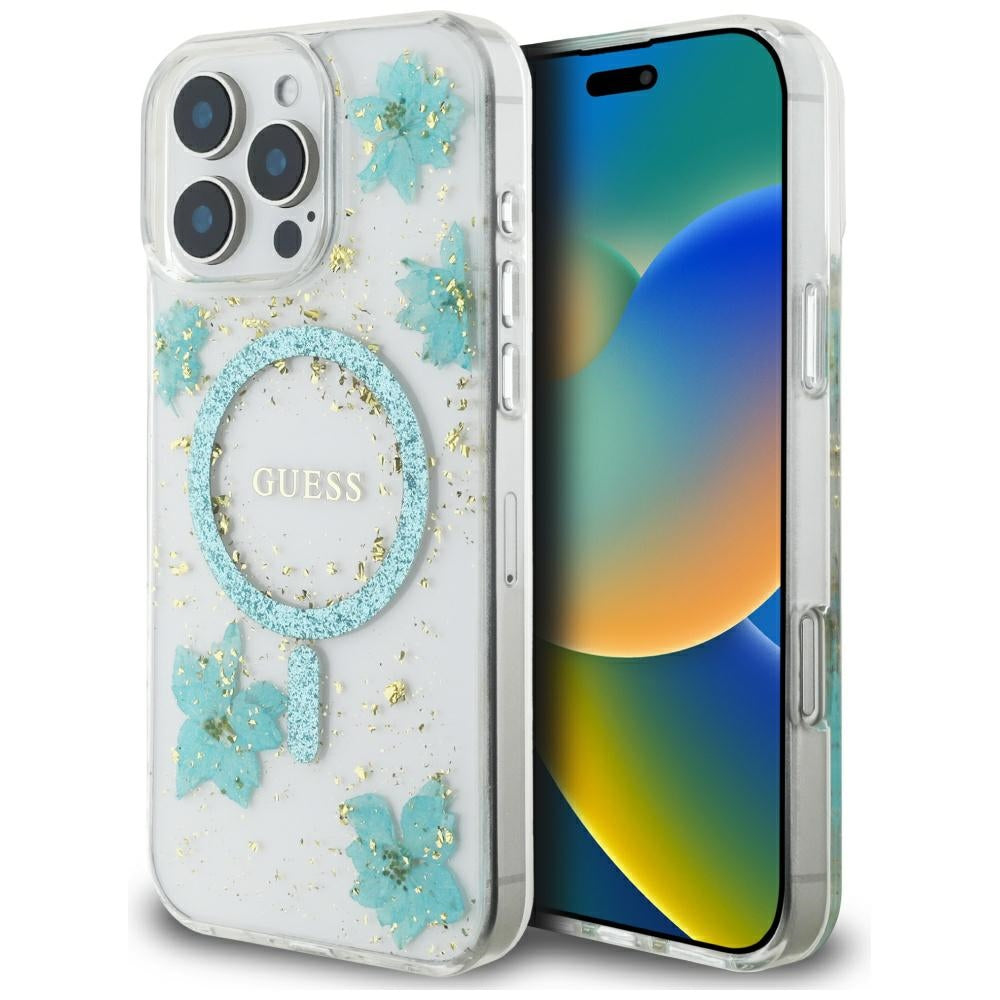 Guess - Resin Flowers and Glitter MagSafe (GUHMP16XRBFGFGMQ) - iPhone 16 Pro Max - Turquoise