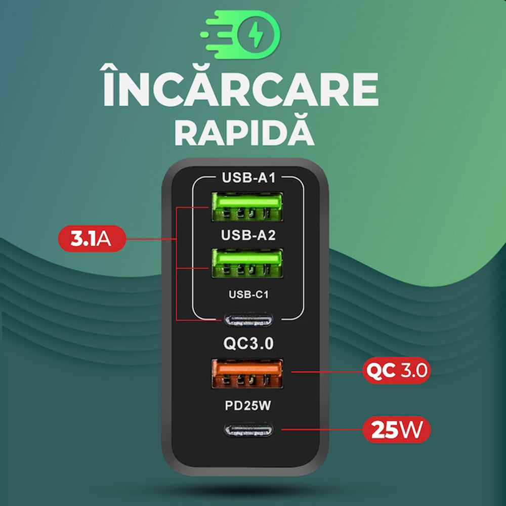 Techsuit - Premium Wall Charger PentaXPower (CHC1) - Type-C Cable Included, 3x USB, 2x Type-C PD 25W, 65W, GaN, 1m - Black