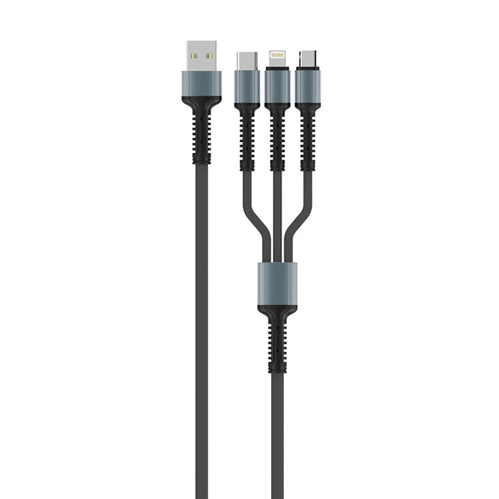 ColorWay - Data Cable 4in1 (CW-CBU3003-GR) - USB to Lightning + Micro-USB + Type-C, 20W, 4A, Nylon, 1.2m - Grey