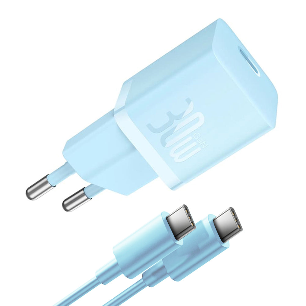 Baseus - Wall Charger (P10110902313-00) - Type-C Cable Included, GaN, Type-C, Fast Charging, 30W, 1m - Galaxy Blue