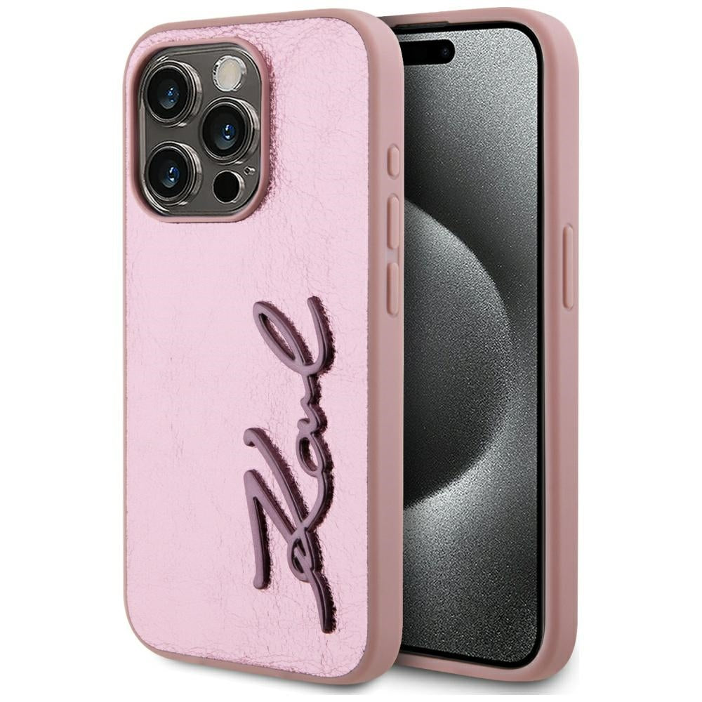 Karl Lagerfeld - Hardcase Leather (KLHCP15XPFMFBKMP) - iPhone 15 Pro Max - Pink Metal Signature