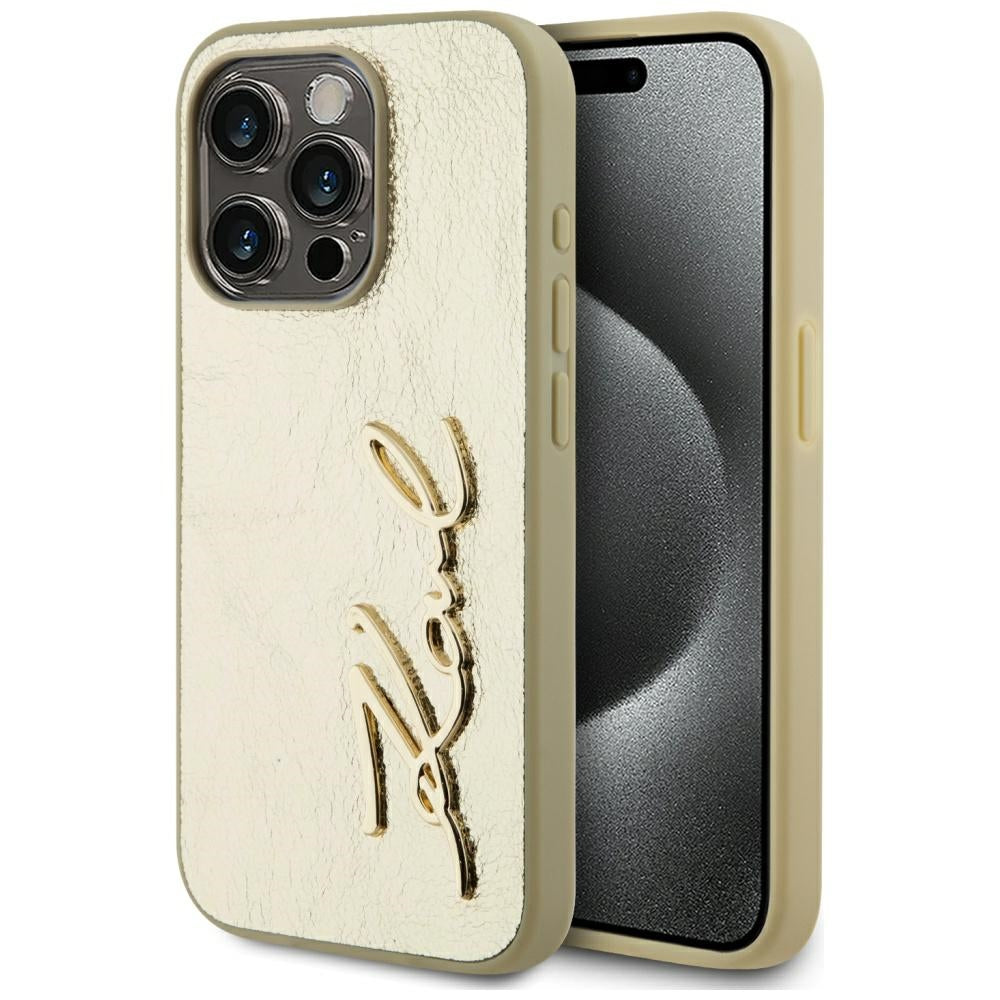 Karl Lagerfeld - Hardcase Leather (KLHCP15LPFMFBKMD) - iPhone 15 Pro - Gold Metal Signature
