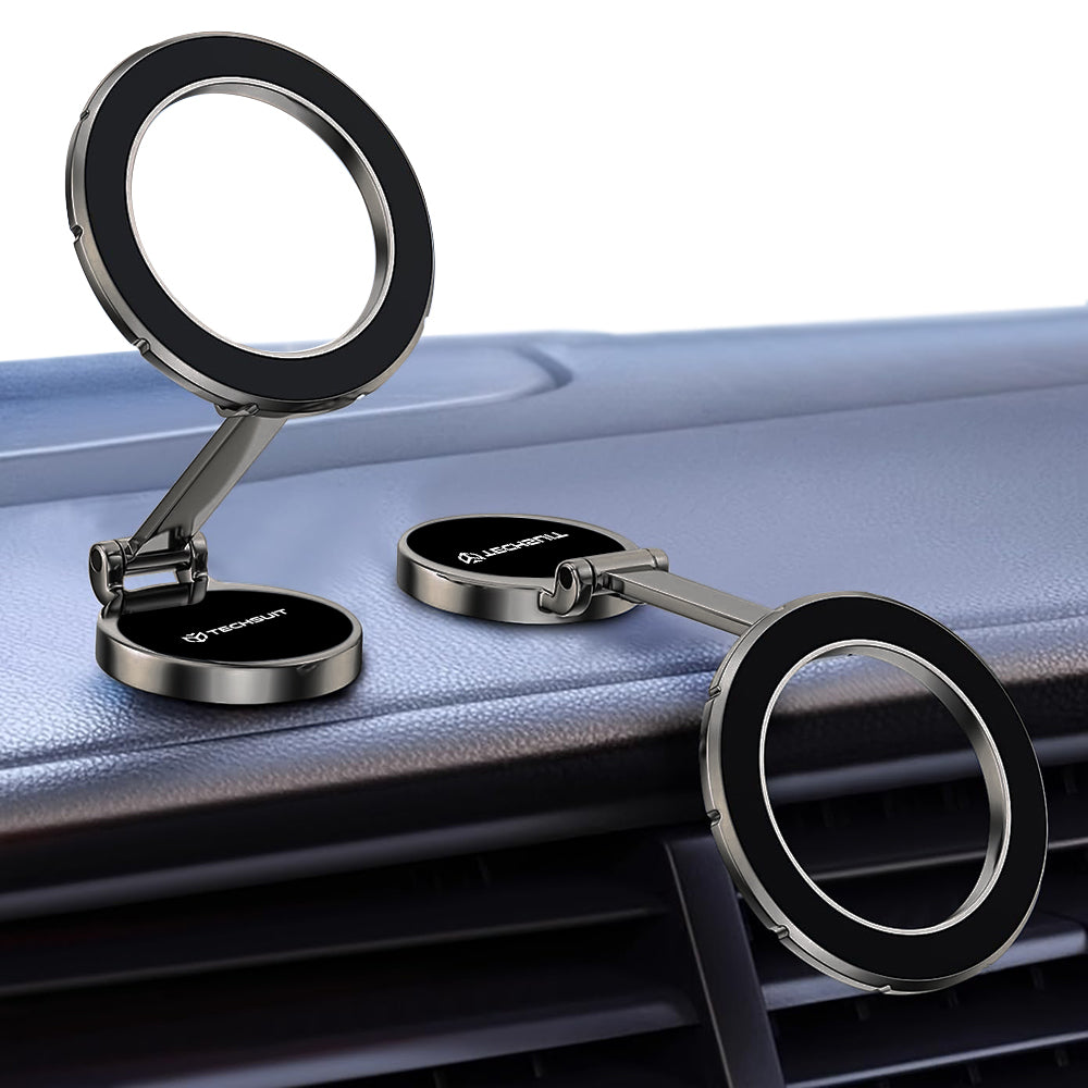 Techsuit - Car Holder TitanMagX (S13) - for Dashboard and Desk, MagSafe Compatible, Foldable, Adjustable, 3M Adhesive - Gray