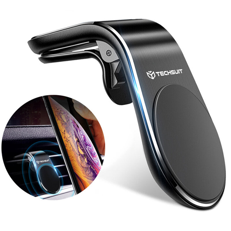 Techsuit - Car Holder AirGrip (S7) - Waterfall-Shaped, Magnetic Secure Grip for Air Vent, Clamp Grip - Black / Silver