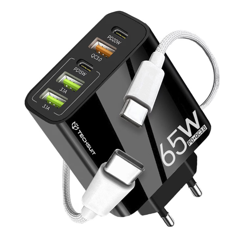 Techsuit - Premium Wall Charger PentaXPower (CHC2) - Type-C Cable Included, 3x USB QC 3.0, 2x Type-C PD 20W, 65W, 1m - Black