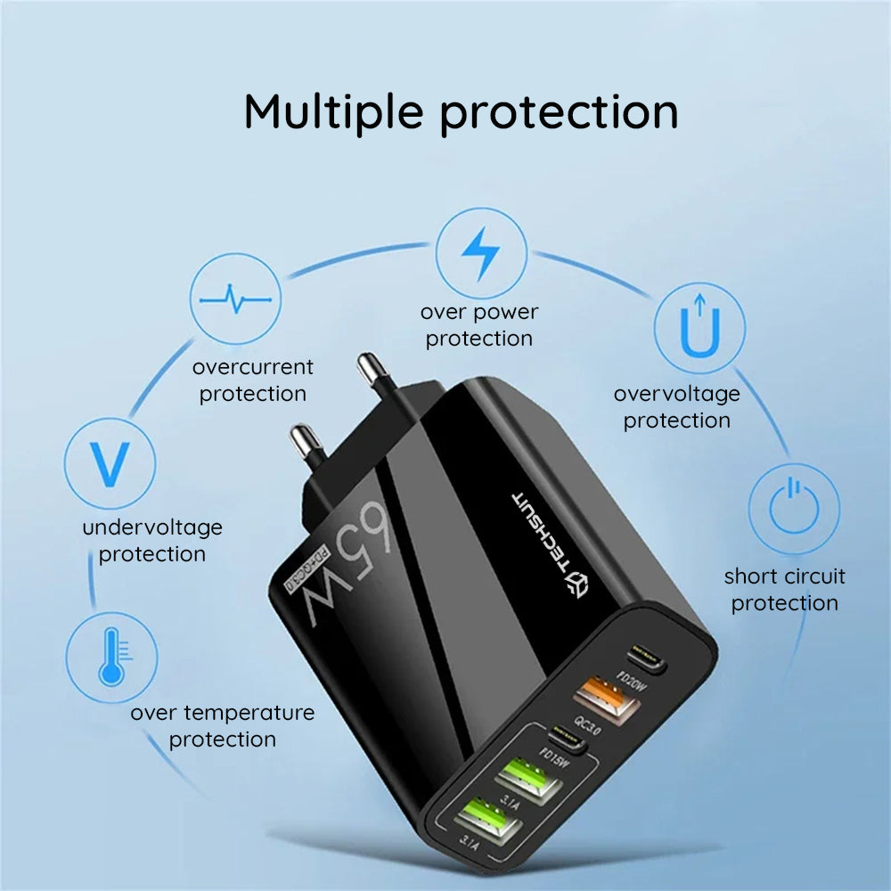 Techsuit - Premium Wall Charger PentaXPower (CHC2) - Type-C Cable Included, 3x USB QC 3.0, 2x Type-C PD 20W, 65W, 1m - White