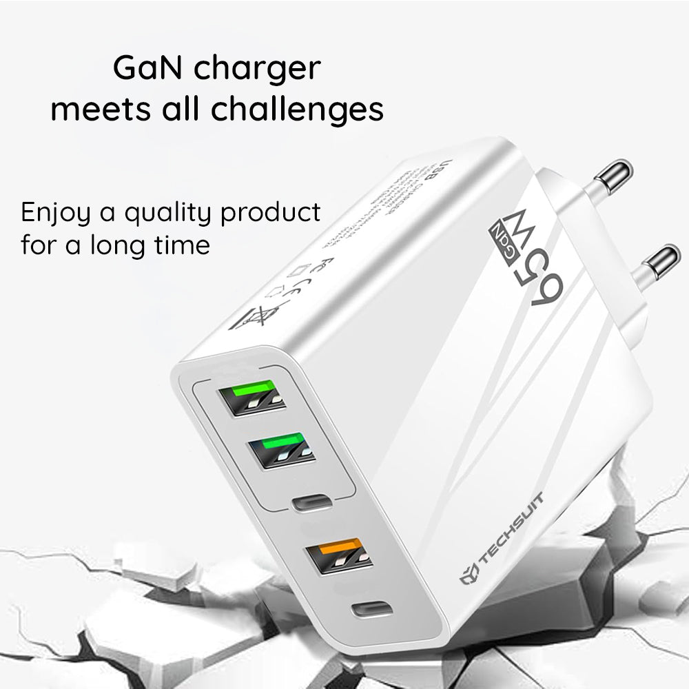 Techsuit - Premium Wall Charger PentaXPower (CHC2) - Type-C Cable Included, 3x USB QC 3.0, 2x Type-C PD 20W, 65W, 1m - White
