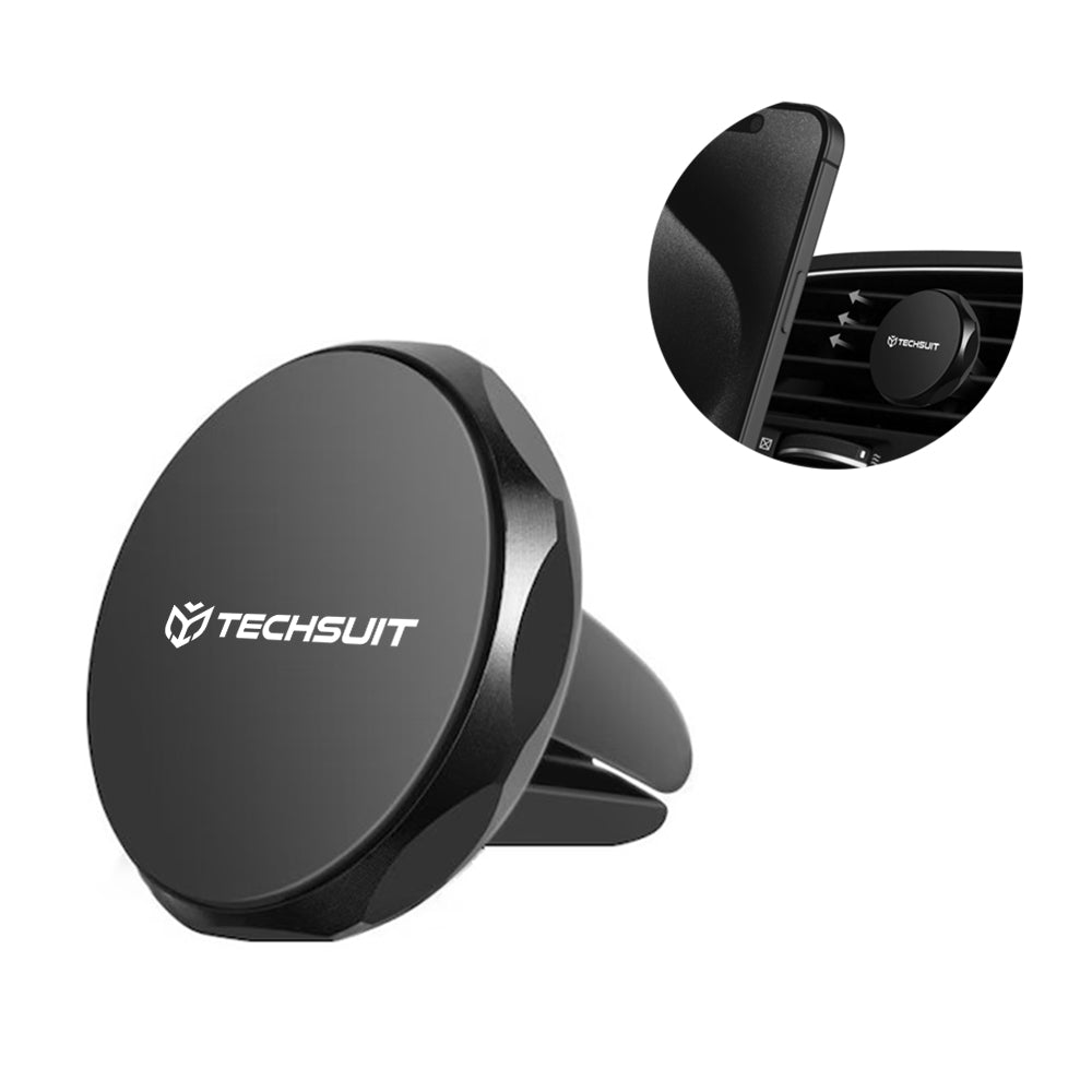 Techsuit - Car Holder TinyGrip (S9) - for Air Vent, with Metal Plate, Strong Magnet, Universal Compatibility - Black / Silver