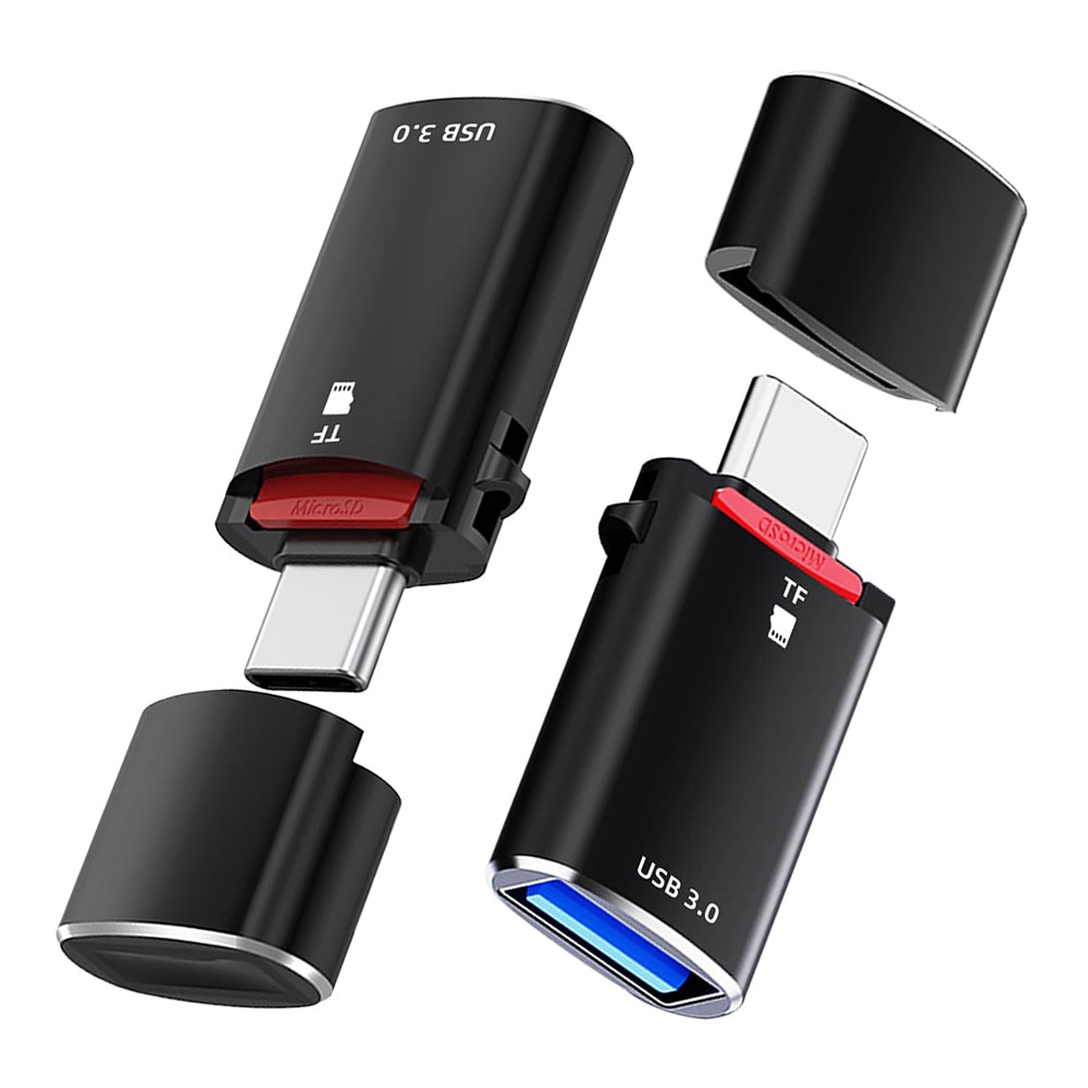 Techsuit - Card Reader AluVoltX (CC1) - 2in1, USB3.0 to Type-C OTG, TF Memory Card, 3A, Plug&Play, Fast Data Transfer - Black
