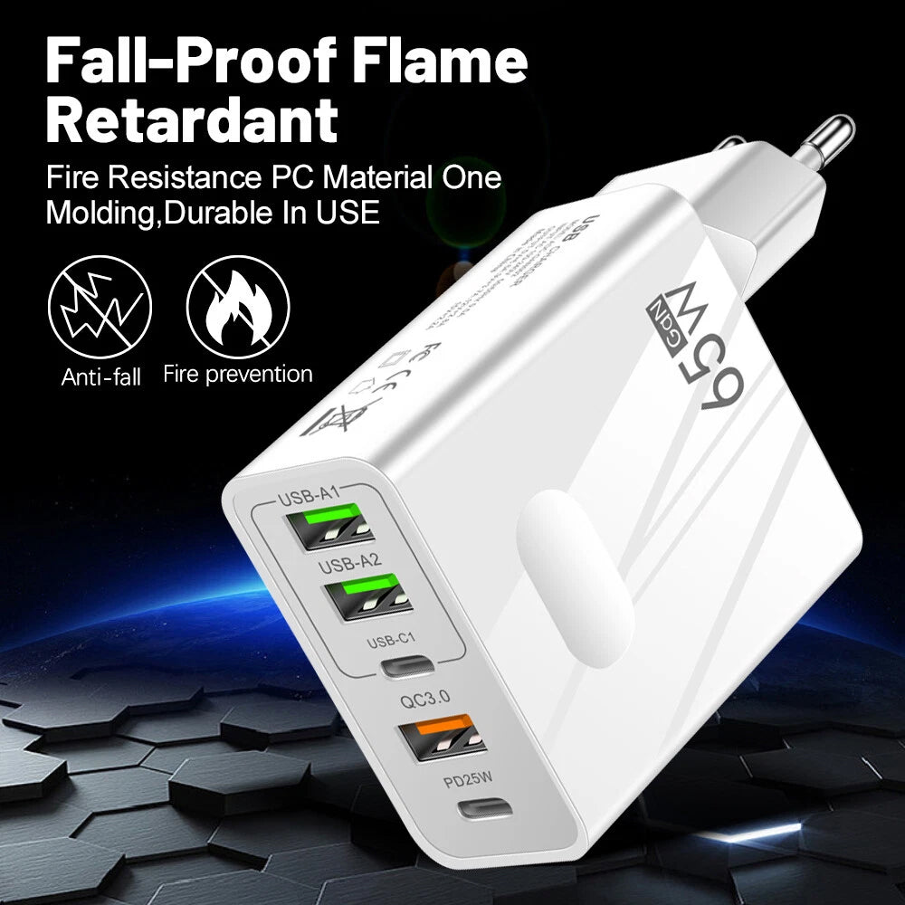 Techsuit - Premium Wall Charger PentaXPower (CHC1) - 3x USB, 2x Type-C PD 25W, 65W, GaN, Fast Charge - White