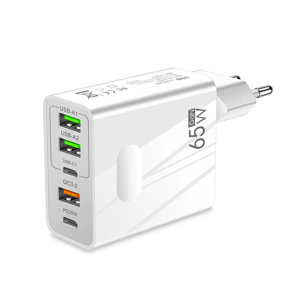 Techsuit - Premium Wall Charger PentaXPower (CHC1) - 3x USB, 2x Type-C PD 25W, 65W, GaN, Fast Charge - White