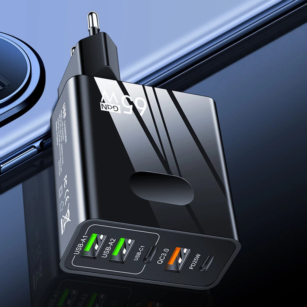 Techsuit - Premium Wall Charger PentaXPower (CHC1) - 3x USB, 2x Type-C PD 25W, 65W, GaN, Fast Charge - Black