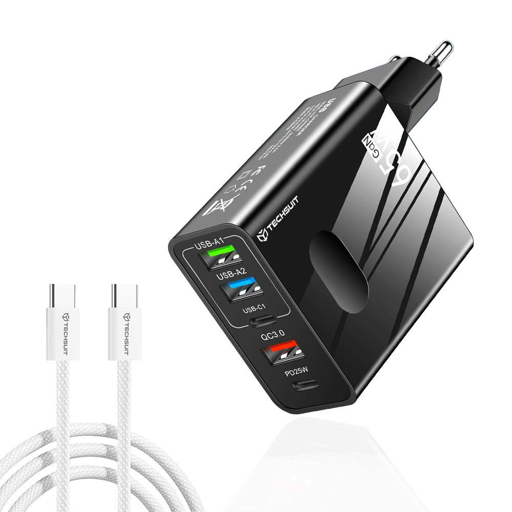 Techsuit - Premium Wall Charger PentaXPower (CHC1) - Type-C Cable Included, 3x USB, 2x Type-C PD 25W, 65W, GaN, 1m - Black