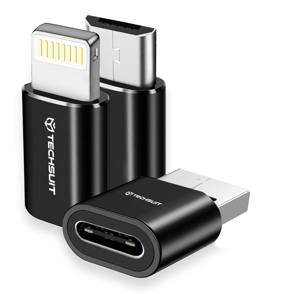 Techsuit - (3 pack) Premium OTG Adapter TriFlashX (A19) - 1xUSB-C to USB, 1x USB-C to Micro-USB, 1xUSB-C to Lightning - Black