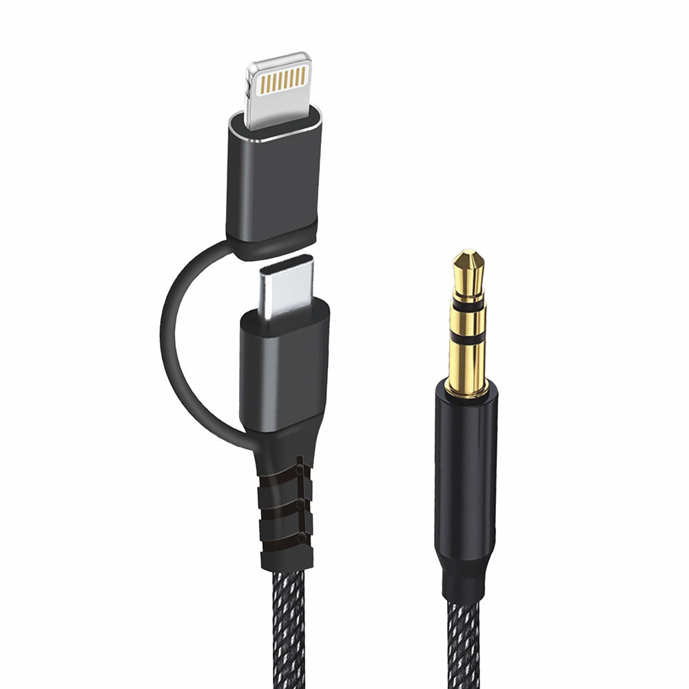 Techsuit - Premium Cable Adapter 3in1 EchoSnap (AC15) - Lightning/Type-C to 3.5mm Jack, Hi-Fi Quality, 1m - Black