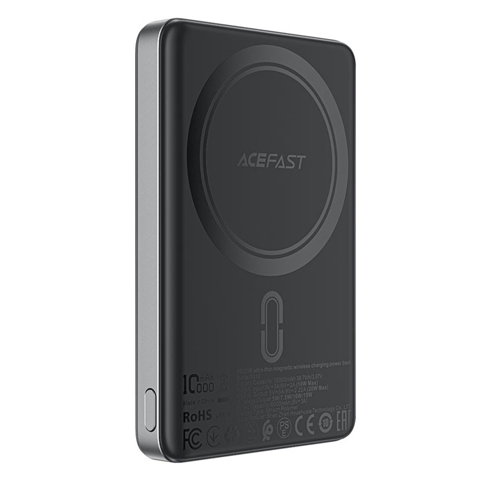 Acefast - Magnetic Wireless Power Bank (M12-10000) - Ultra-thin, Type-C, 10000mAh, 38.7Wh, PD20W, LED Indicator - Black