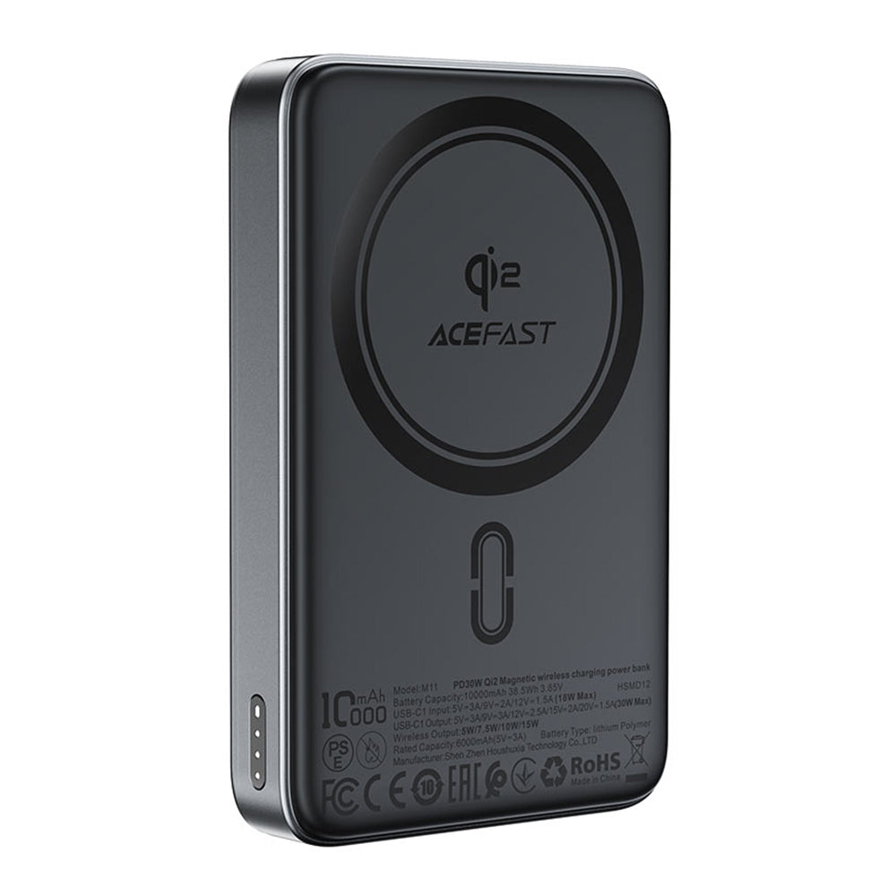 Acefast - Magnetic Power Bank (M11-10000) - Type-C, 10000mAh, 38.5Wh, PD30W, Qi2 Certified, LED Indicator - Black