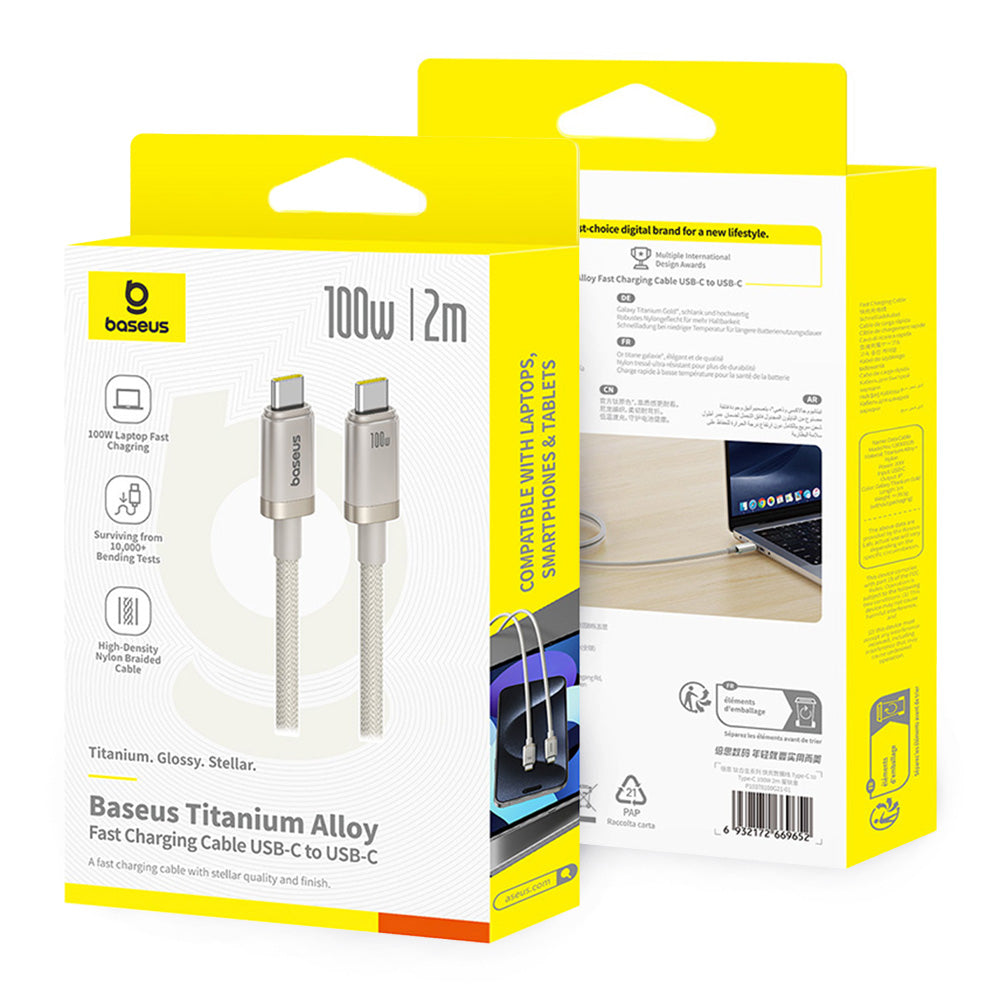 Baseus - Data Cable Titanium (P10378100G21-01) - USB-C to Type-C, 100W, Fast Charging, 480Mbps, 2m - Galaxy Titanium Gold