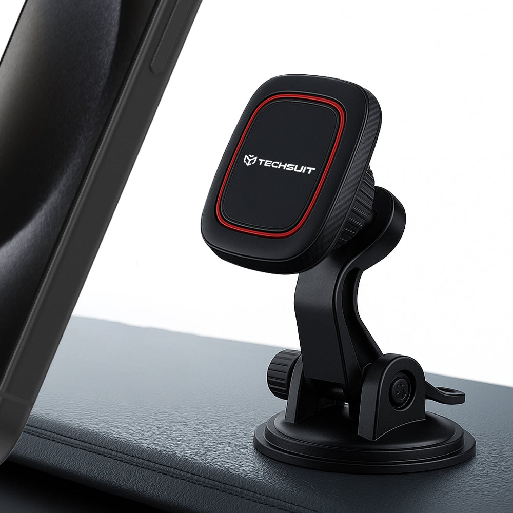 Techsuit - Car Holder MagGrip (S6) - for Dashboard, Magnetic Grip, 360Â° Rotation, Suction Cup, 2 Metal Plates - Black/Red
