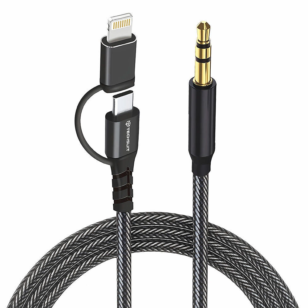 Techsuit - Premium Cable Adapter 3in1 EchoSnap (AC15) - Lightning/Type-C to 3.5mm Jack, Hi-Fi Quality, 1m - Black