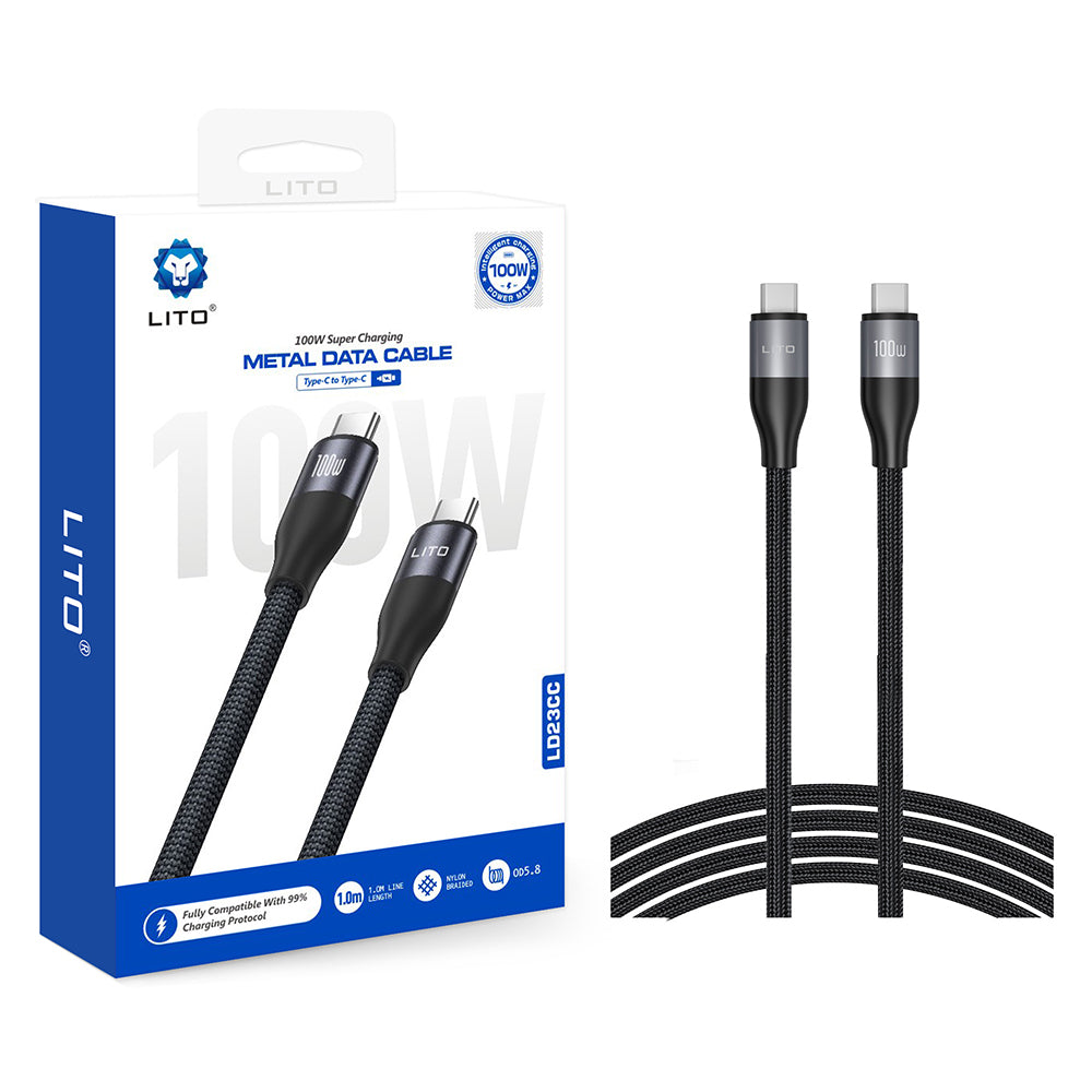 Lito - Data Cable (LD23CC) - Type-C to Type-C, Fast Charging, Braided Nylon, 100W, 480Mbps, 1m - Grey