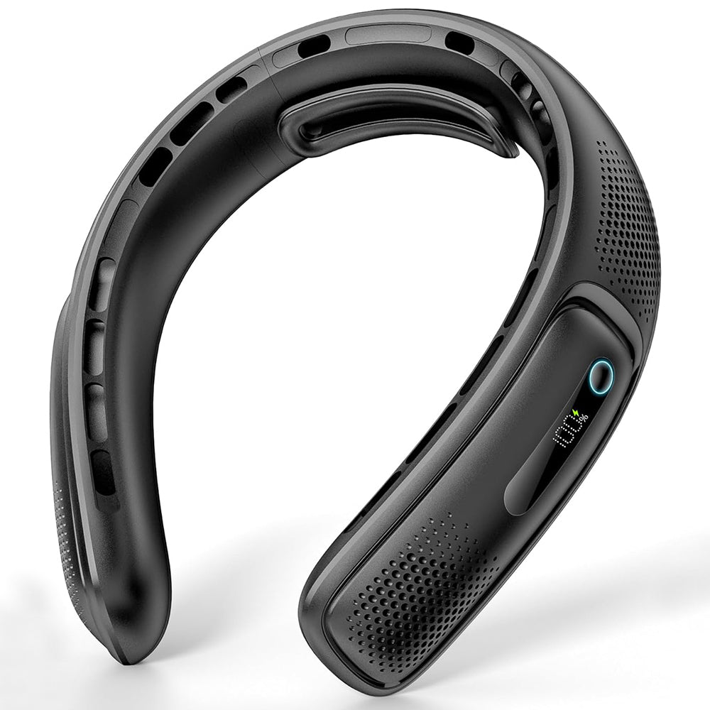 Techsuit - Neck Fan (S11) - Portable, Silicone Support, 4x Airflow, Digital Display, 4000mAh, 4800RPM - Black