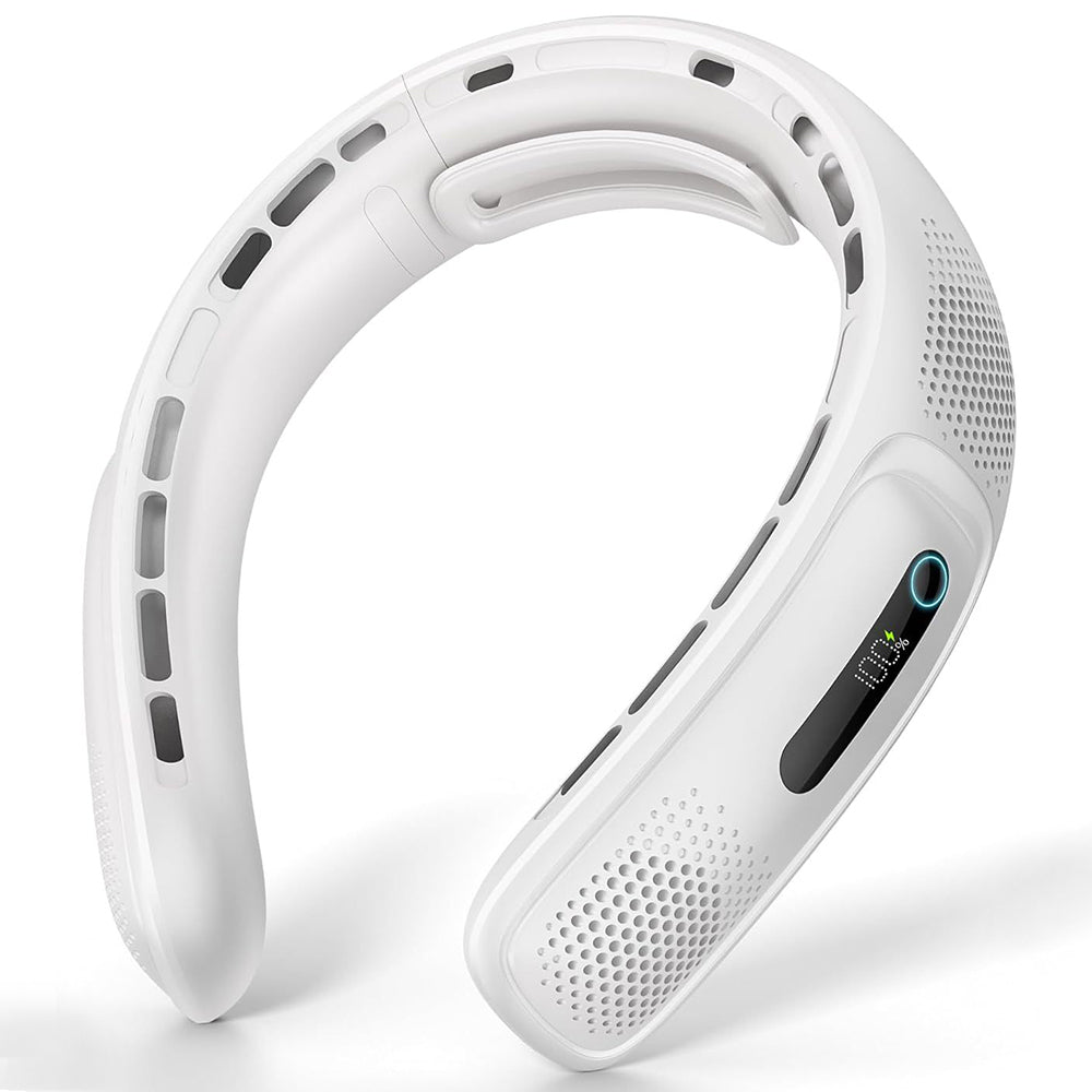Techsuit - Neck Fan (S11) - Portable, Silicone Support, 4x Airflow, Digital Display, 4000mAh, 4800RPM - White