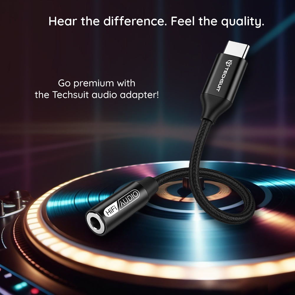 Techsuit - Premium Cable Adapter FuseXound (AC13) - Type-C to 3.5mm Jack, Hi-Fi Quality, DAC Chip, 3A, 48kHz, 0.1m - Black